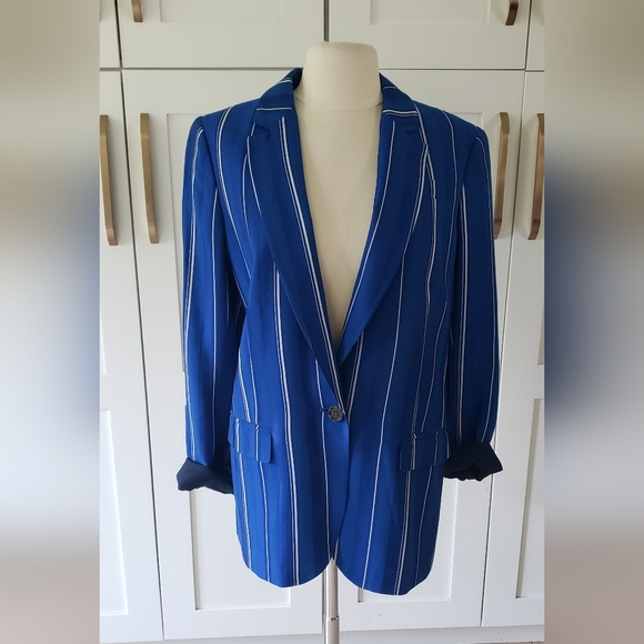 J.Crew Collection Alfie Blazer Womens 12 Blue White Stripes Jacquard Workwear - Picture 1 of 7